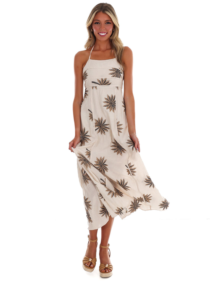 Coastal Breeze Embroidered Halter Maxi Dress