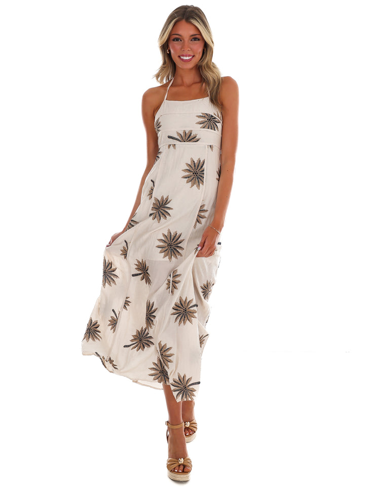 Coastal Breeze Embroidered Halter Maxi Dress