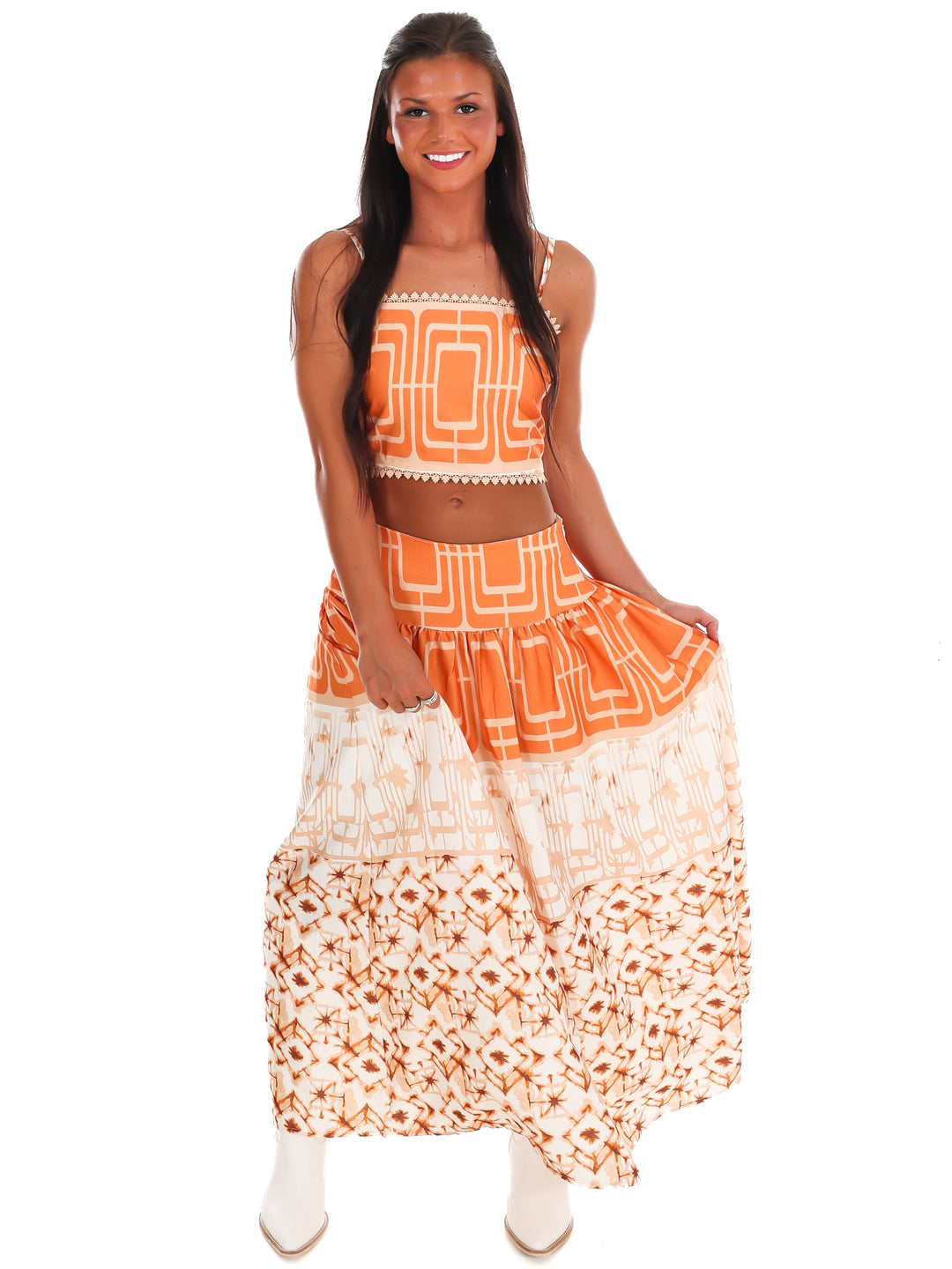 Orange Standard Geometric Maxi Skirt Set