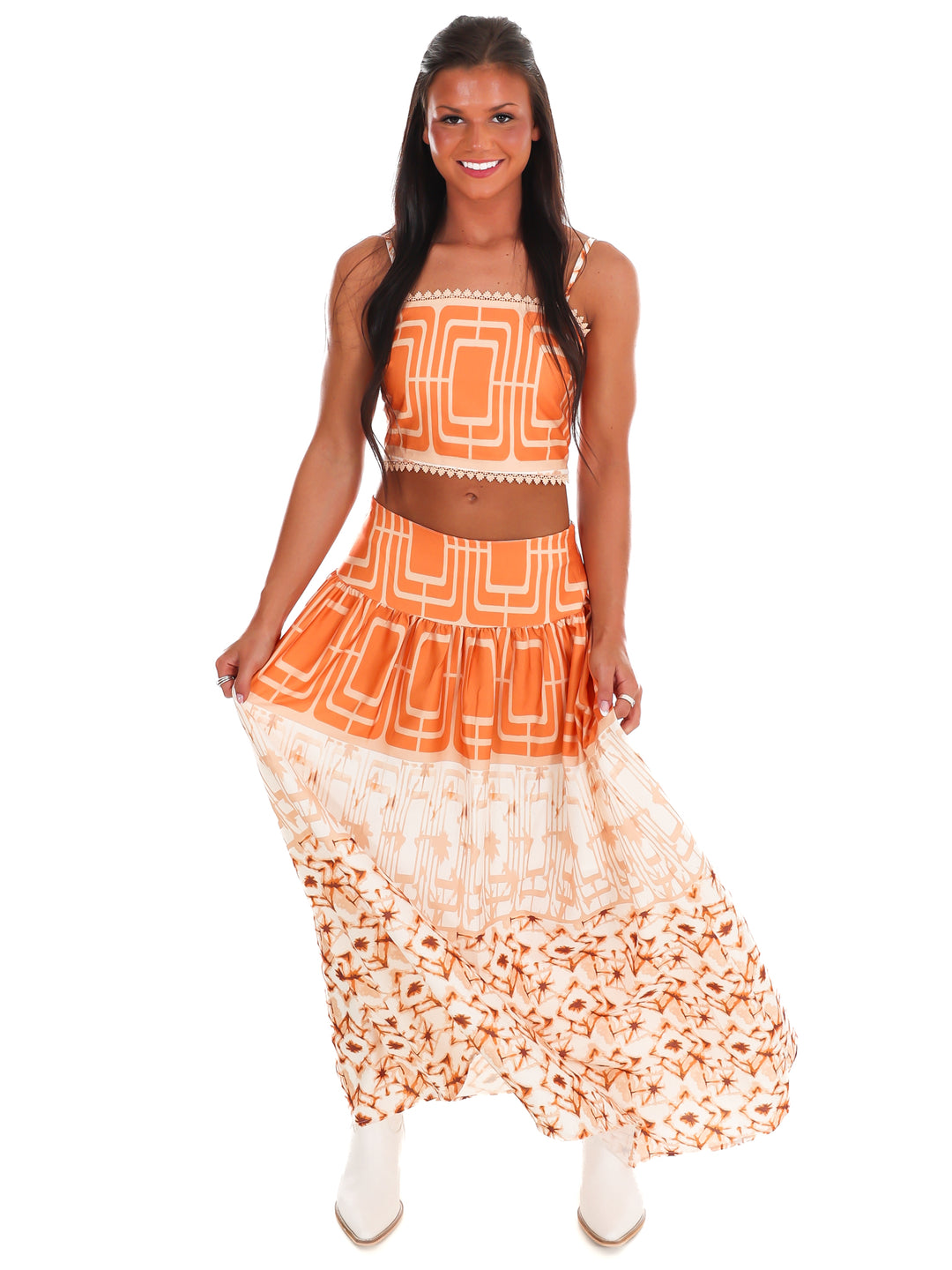 Orange Standard Geometric Maxi Skirt Set