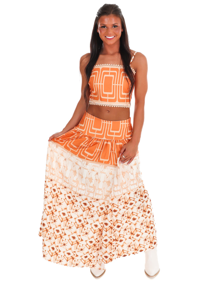 Orange Standard Geometric Maxi Skirt Set