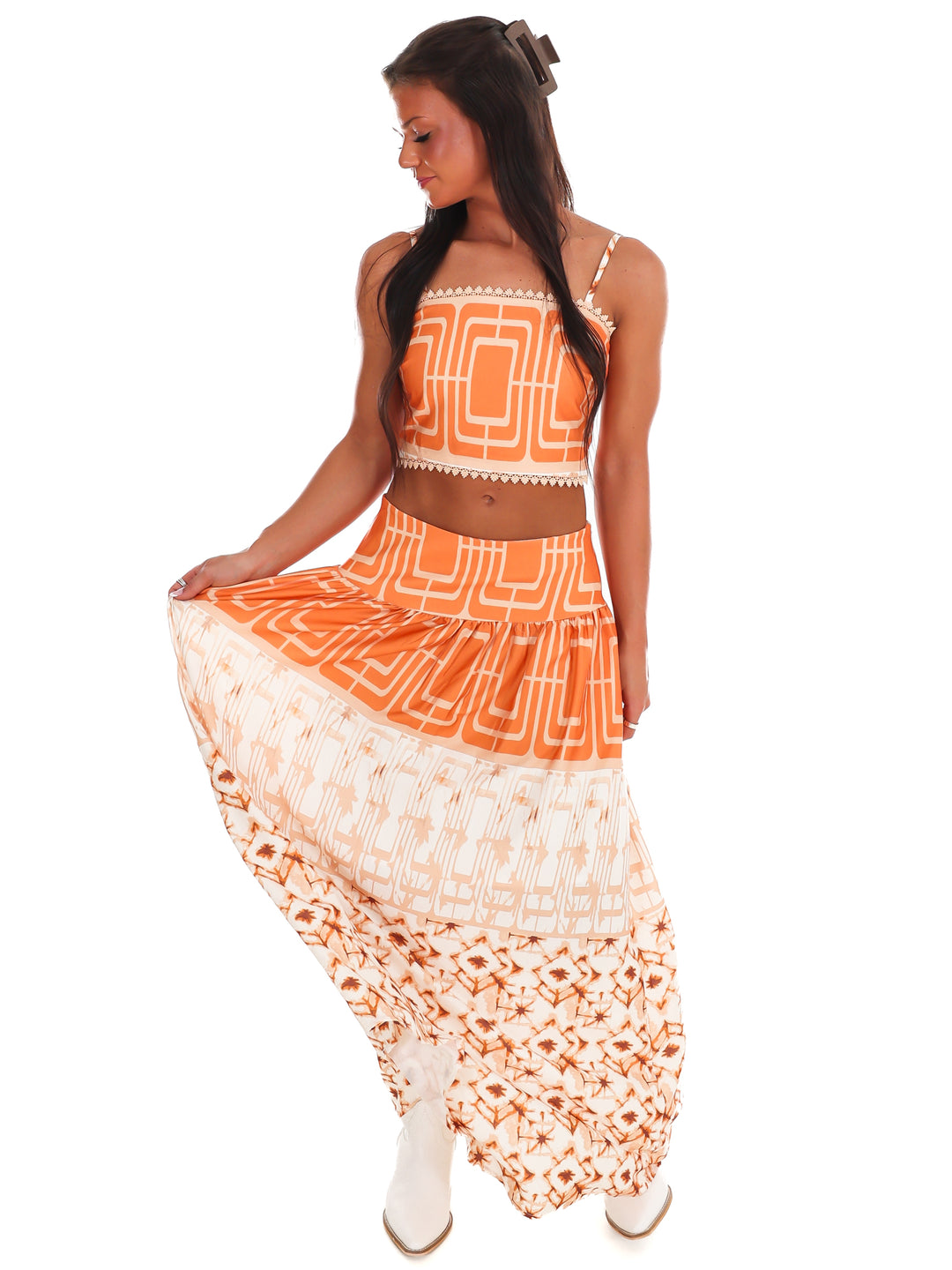 Orange Standard Geometric Maxi Skirt Set