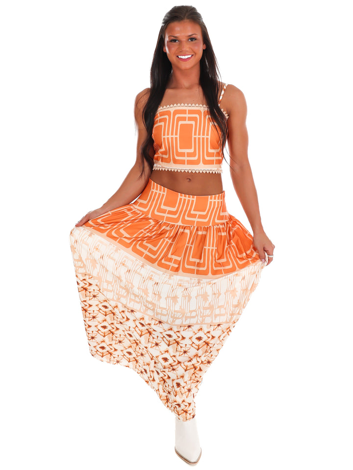 Orange Standard Geometric Maxi Skirt Set