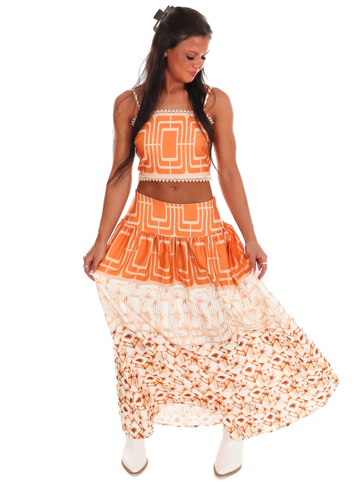 Orange Standard Geometric Maxi Skirt Set