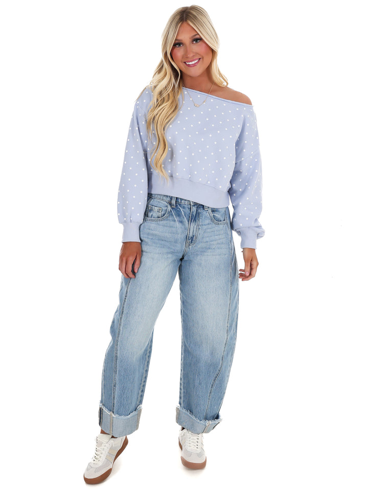 Comfy Spot Polka Dot Off Shoulder Sweatshirt