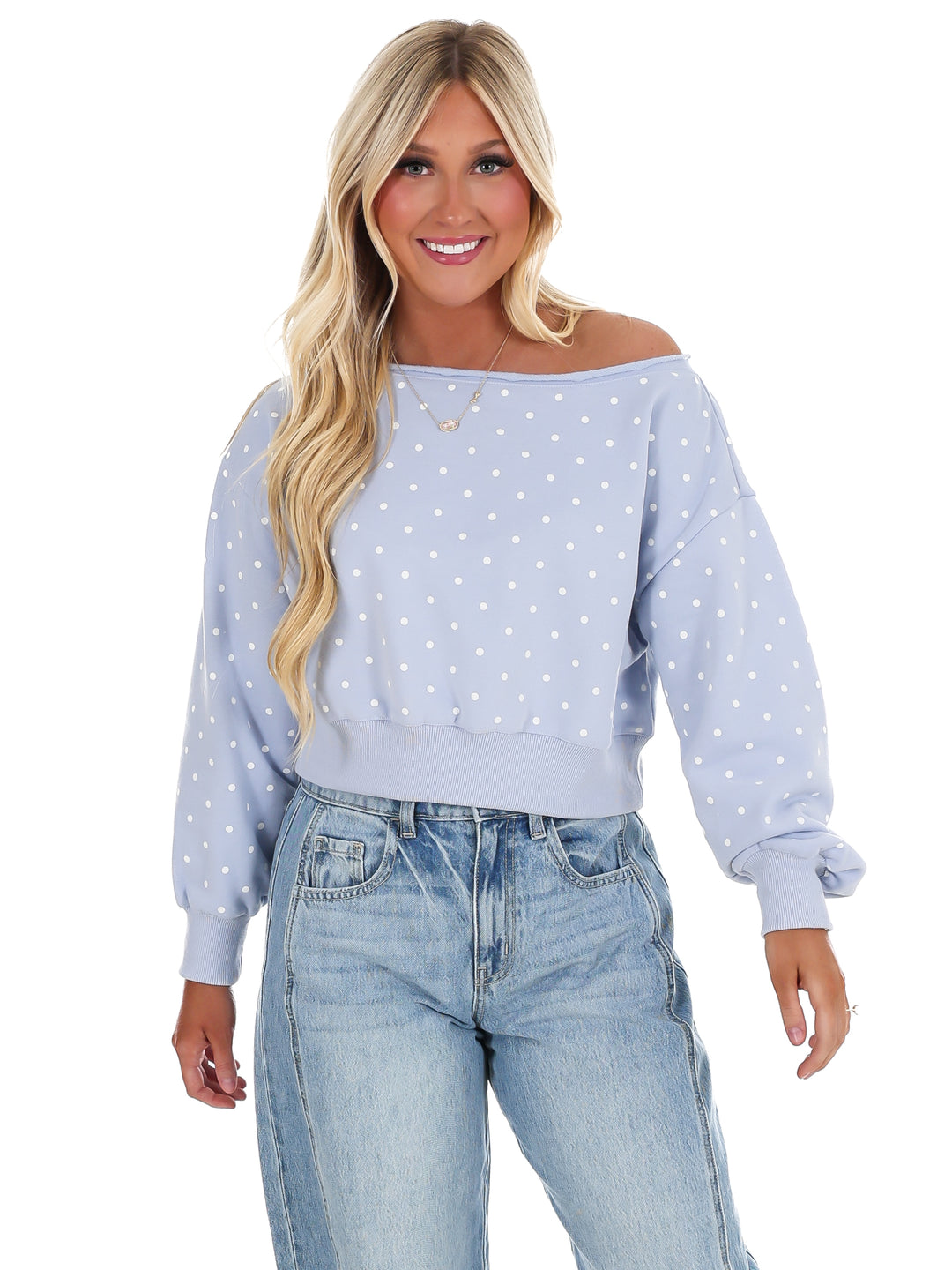 Comfy Spot Polka Dot Off Shoulder Sweatshirt