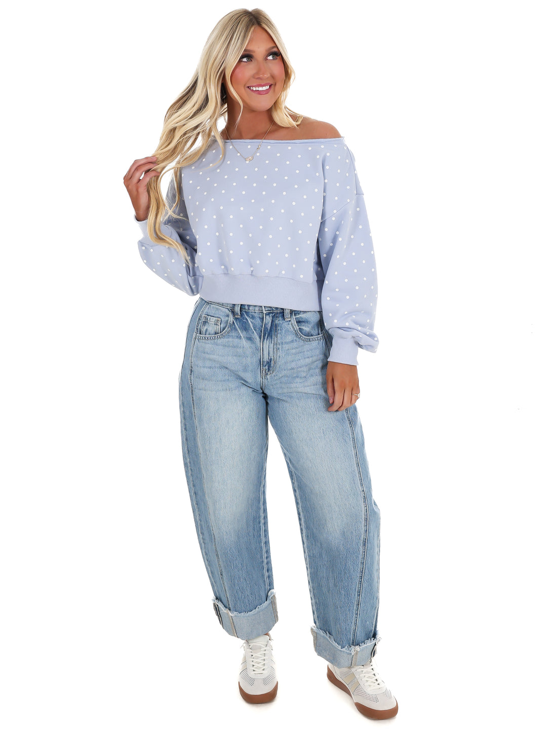 Comfy Spot Polka Dot Off Shoulder Sweatshirt