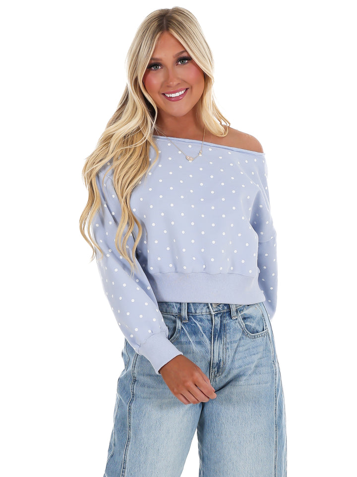 Comfy Spot Polka Dot Off Shoulder Sweatshirt