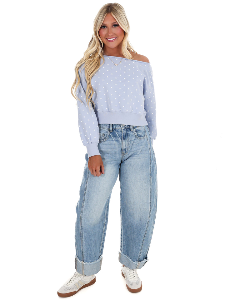Comfy Spot Polka Dot Off Shoulder Sweatshirt