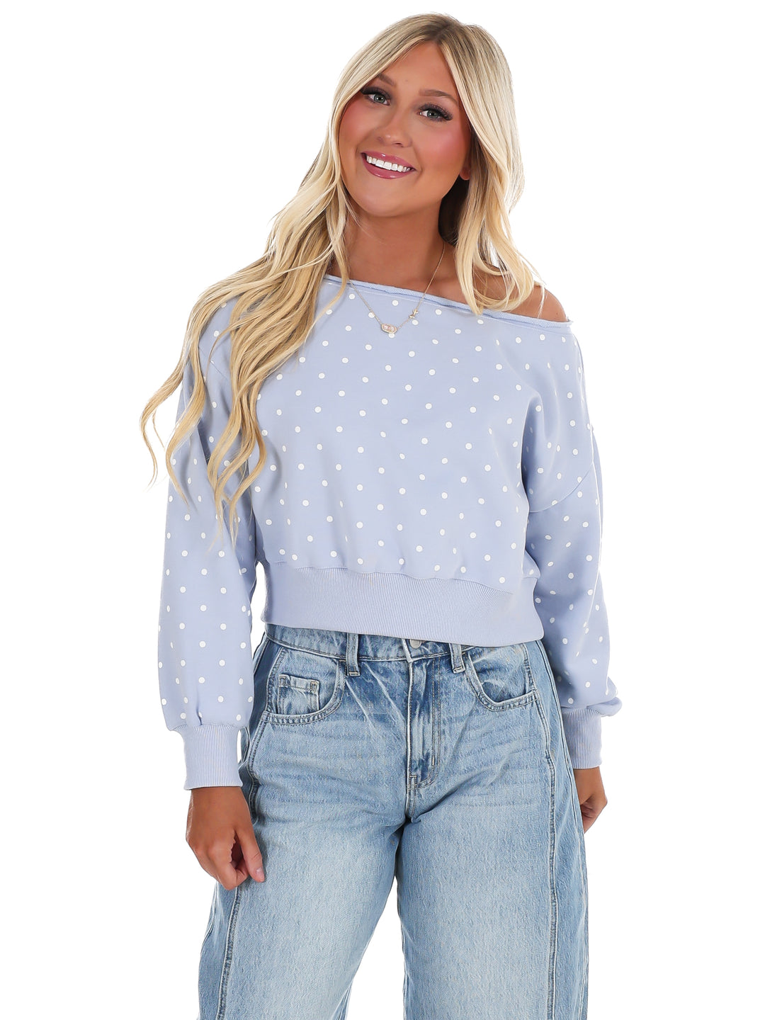 Comfy Spot Polka Dot Off Shoulder Sweatshirt