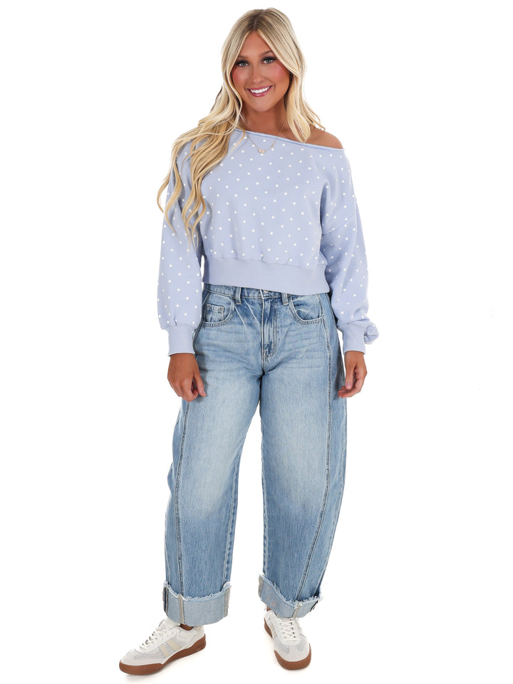Comfy Spot Polka Dot Off Shoulder Sweatshirt