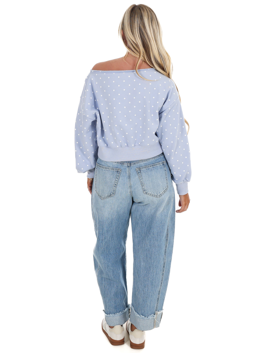 Comfy Spot Polka Dot Off Shoulder Sweatshirt