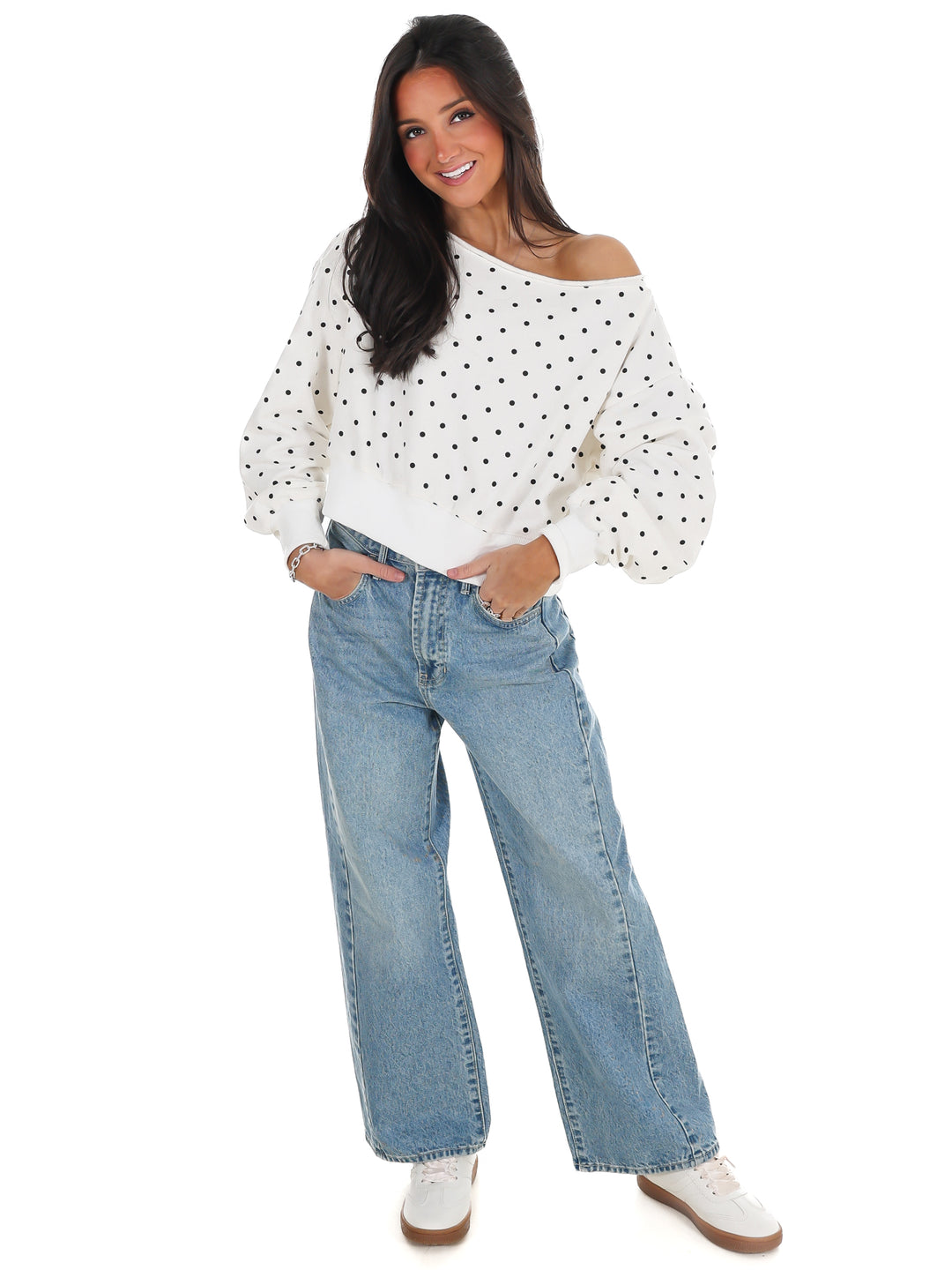 Comfy Spot Polka Dot Off Shoulder Sweatshirt