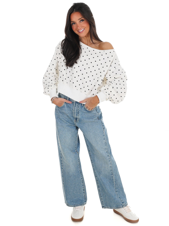 Comfy Spot Polka Dot Off Shoulder Sweatshirt