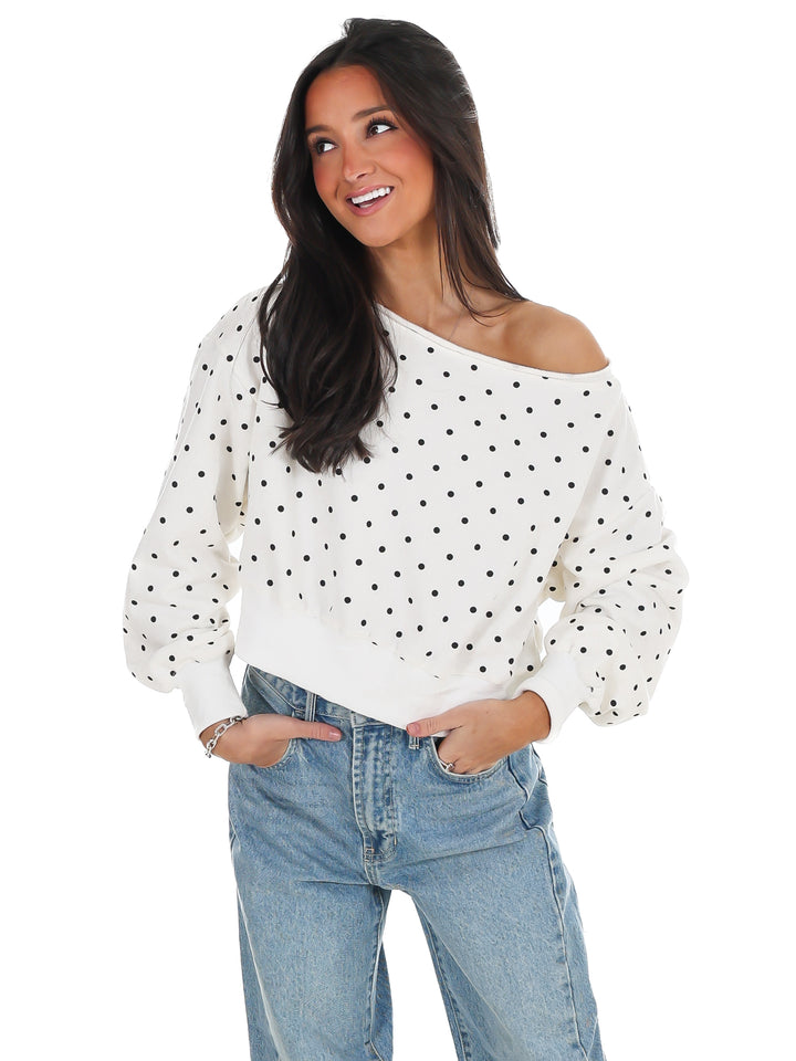 Comfy Spot Polka Dot Off Shoulder Sweatshirt