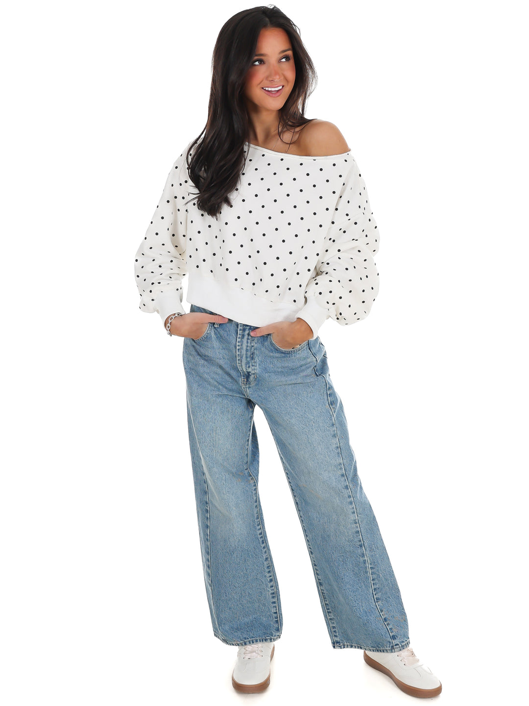 Comfy Spot Polka Dot Off Shoulder Sweatshirt