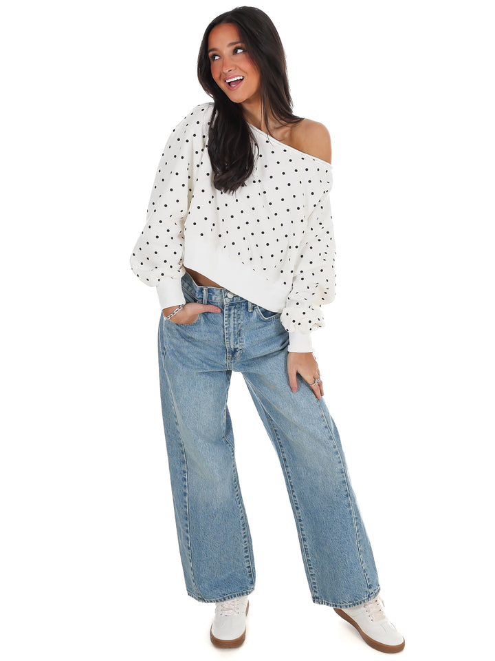 Comfy Spot Polka Dot Off Shoulder Sweatshirt