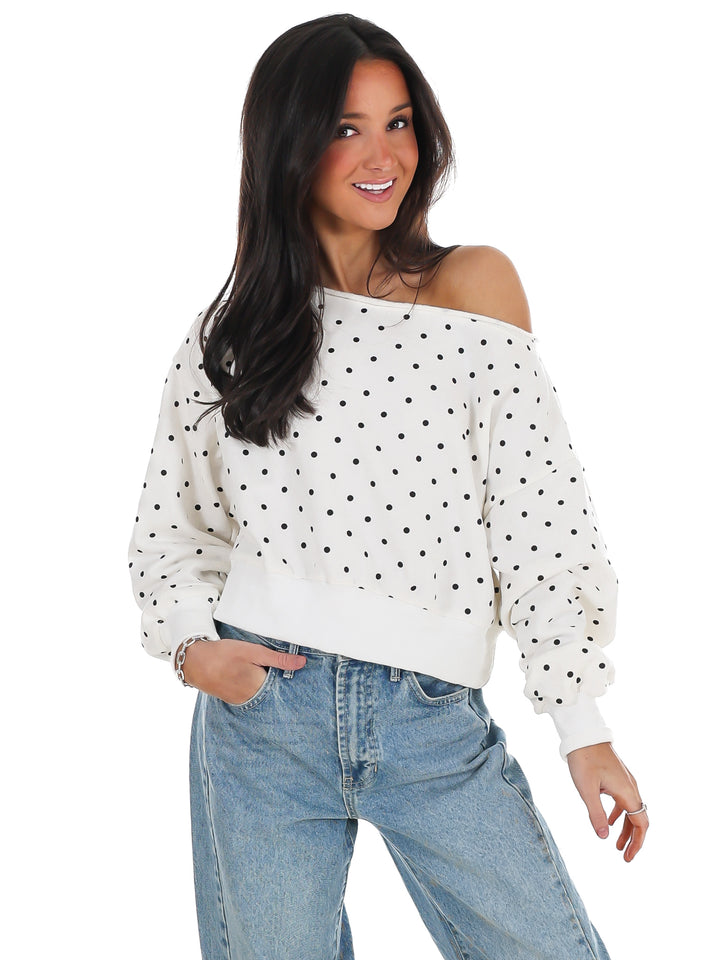 Comfy Spot Polka Dot Off Shoulder Sweatshirt