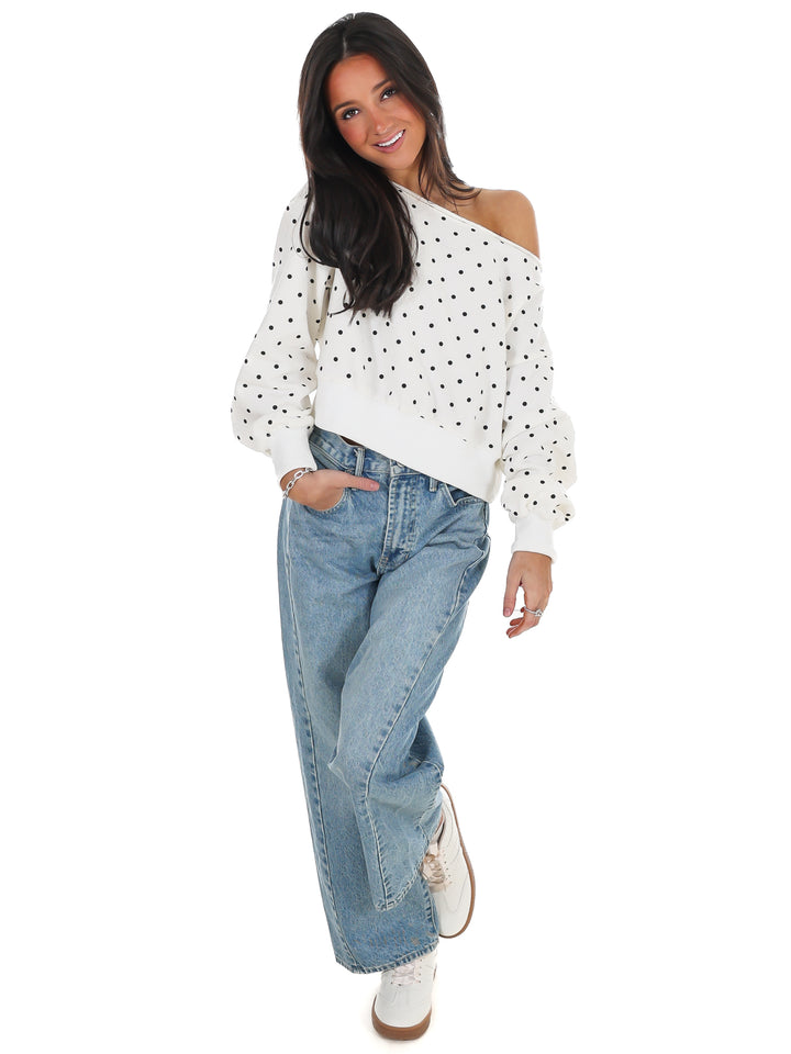 Comfy Spot Polka Dot Off Shoulder Sweatshirt