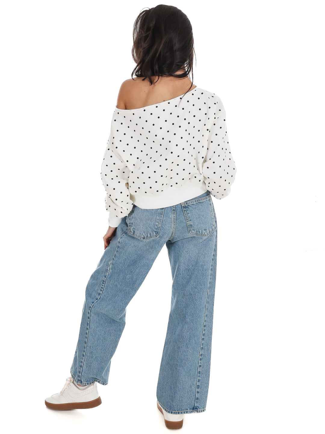 Comfy Spot Polka Dot Off Shoulder Sweatshirt