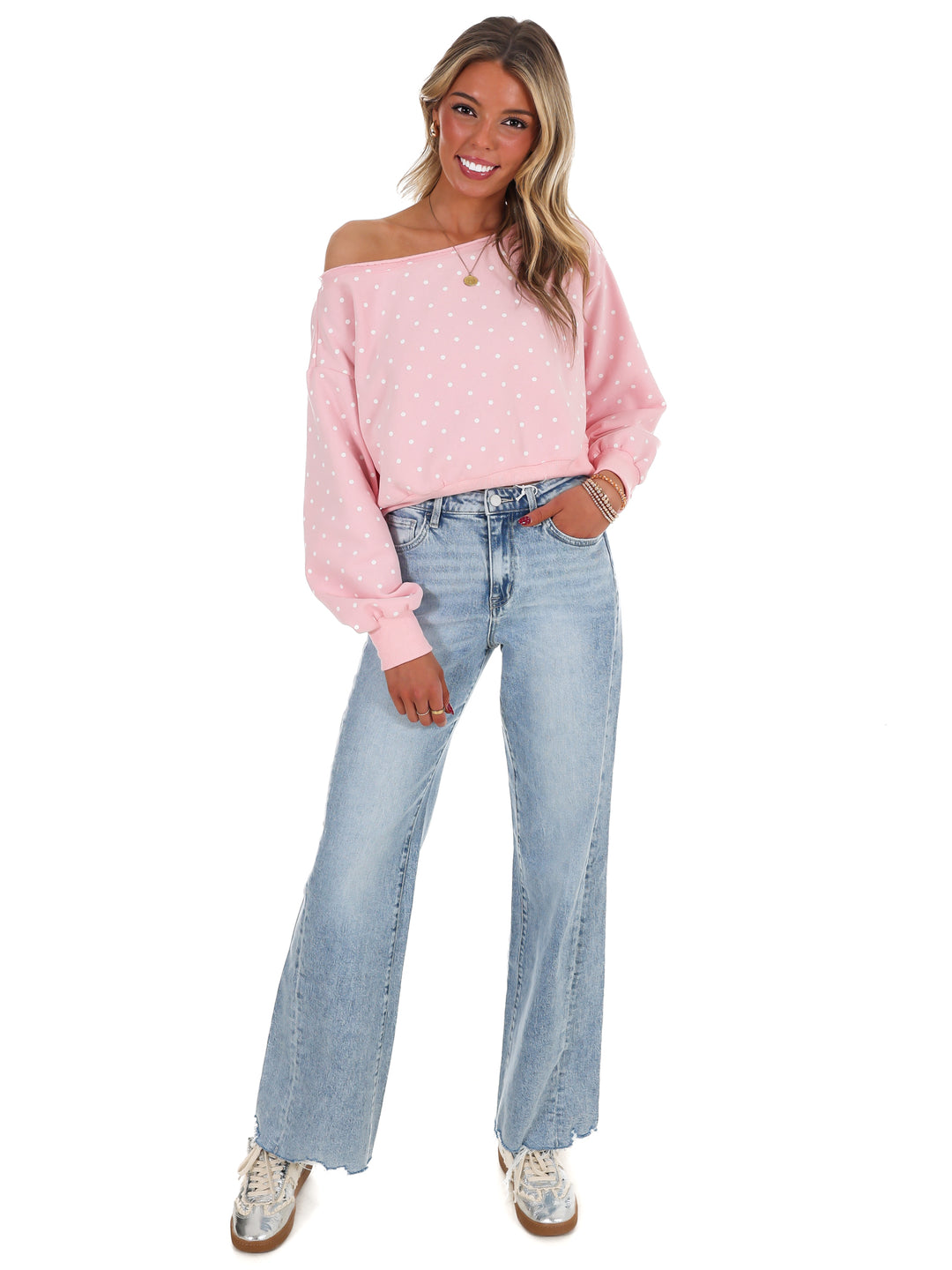 Comfy Spot Polka Dot Off Shoulder Sweatshirt