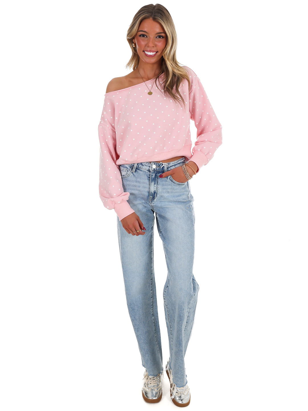 Comfy Spot Polka Dot Off Shoulder Sweatshirt