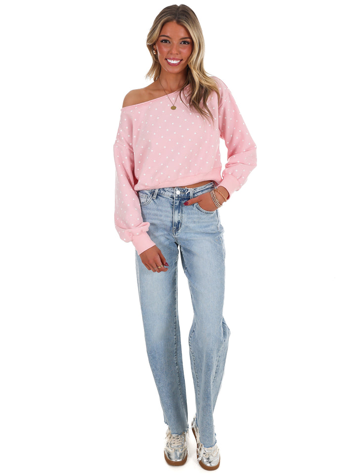 Comfy Spot Polka Dot Off Shoulder Sweatshirt
