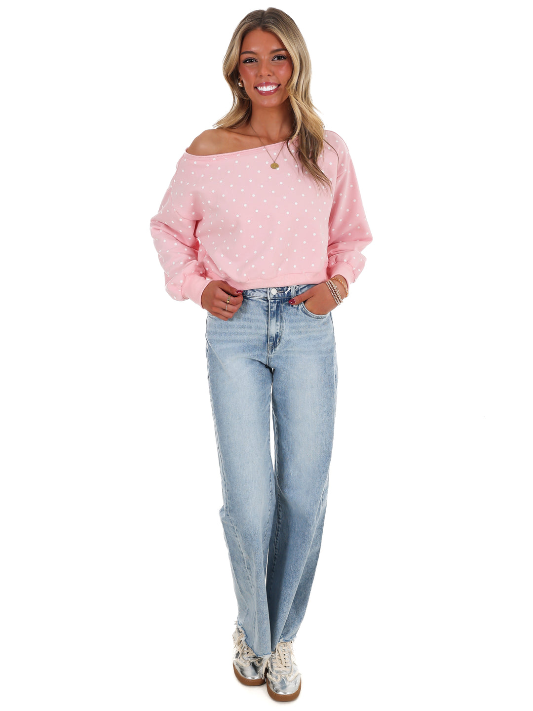 Comfy Spot Polka Dot Off Shoulder Sweatshirt