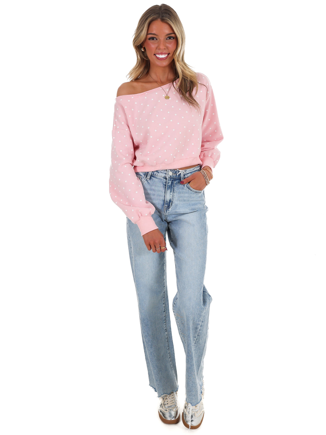 Comfy Spot Polka Dot Off Shoulder Sweatshirt