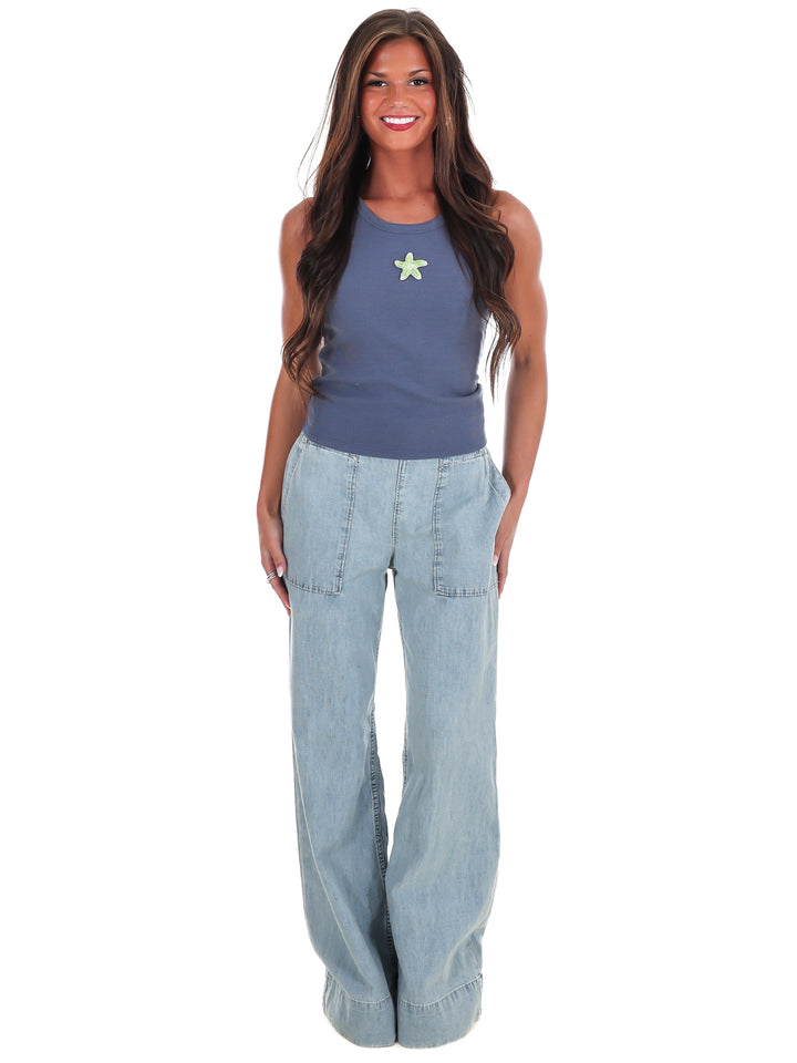 Starfish Embroidery Ribbed Tank Top