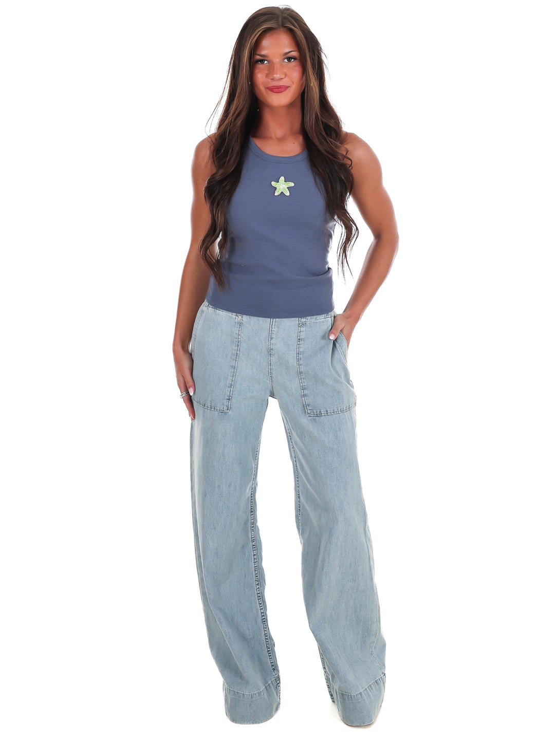 Starfish Embroidery Ribbed Tank Top