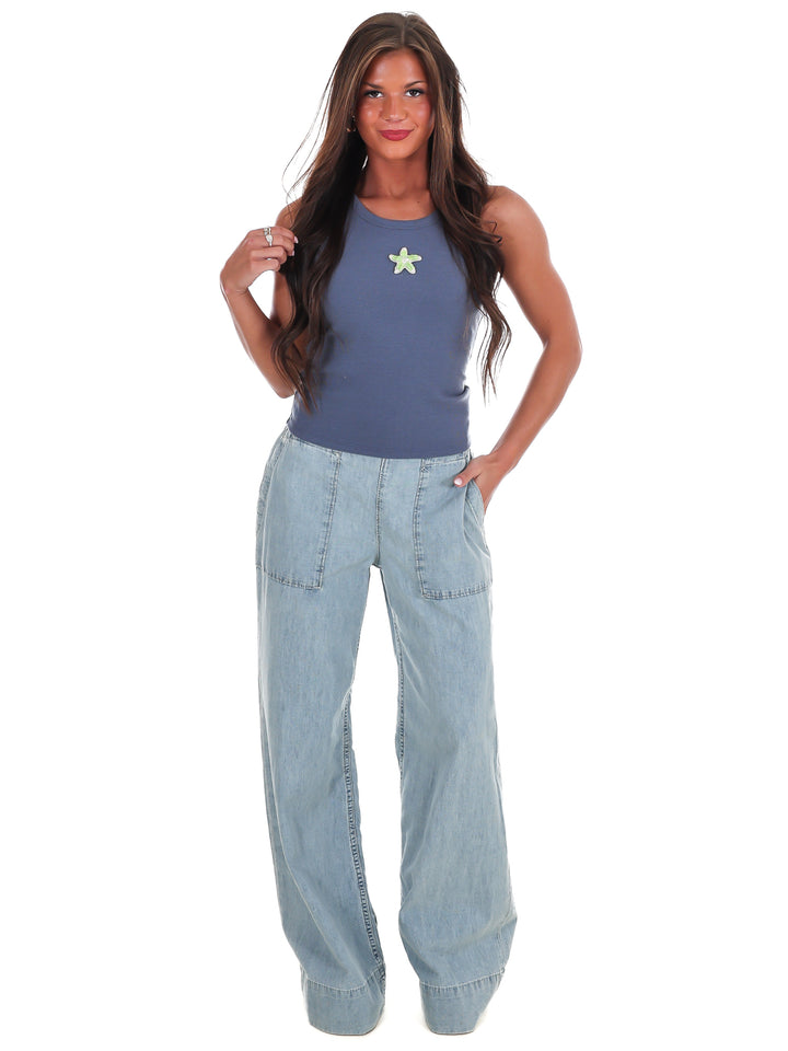 Starfish Embroidery Ribbed Tank Top