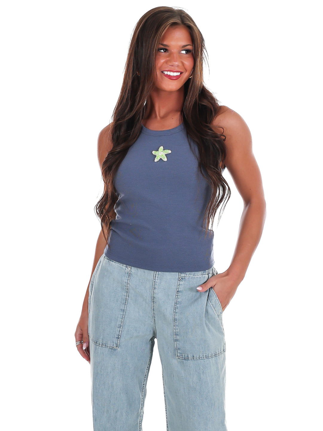 Starfish Embroidery Ribbed Tank Top