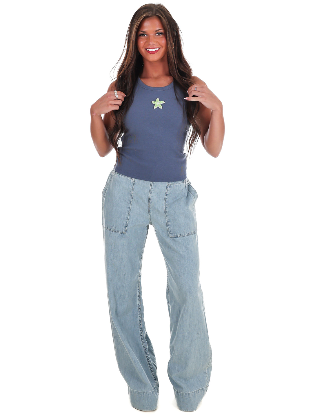 Starfish Embroidery Ribbed Tank Top