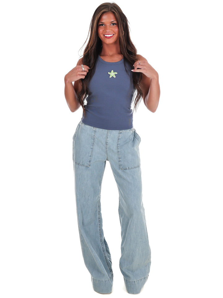 Starfish Embroidery Ribbed Tank Top
