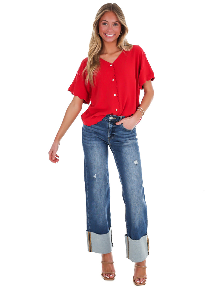 Refined Edge Linen Scallop Button Up Top