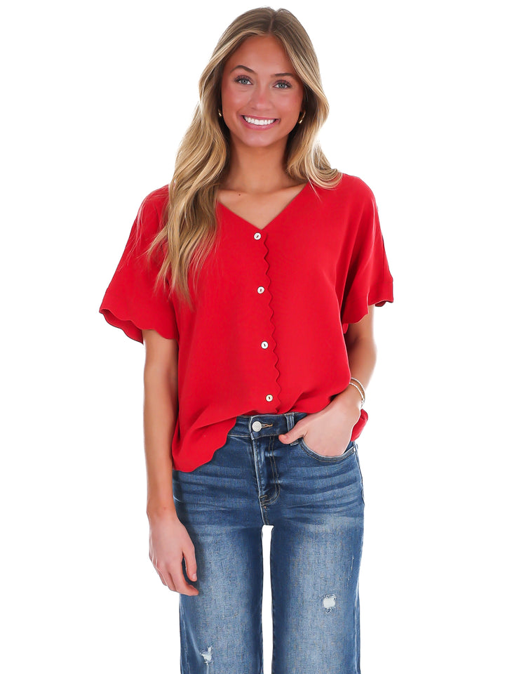 Refined Edge Linen Scallop Button Up Top