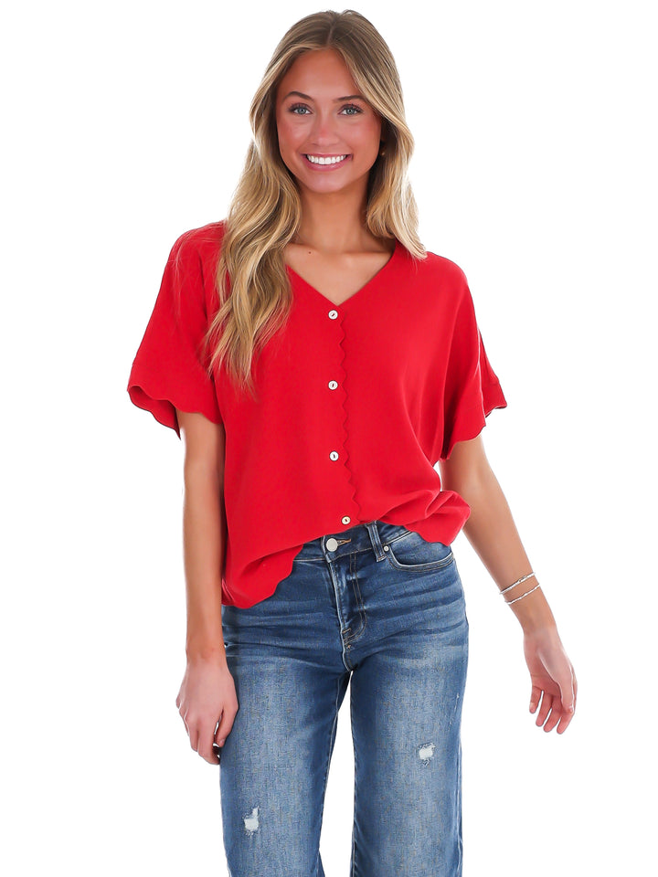 Refined Edge Linen Scallop Button Up Top