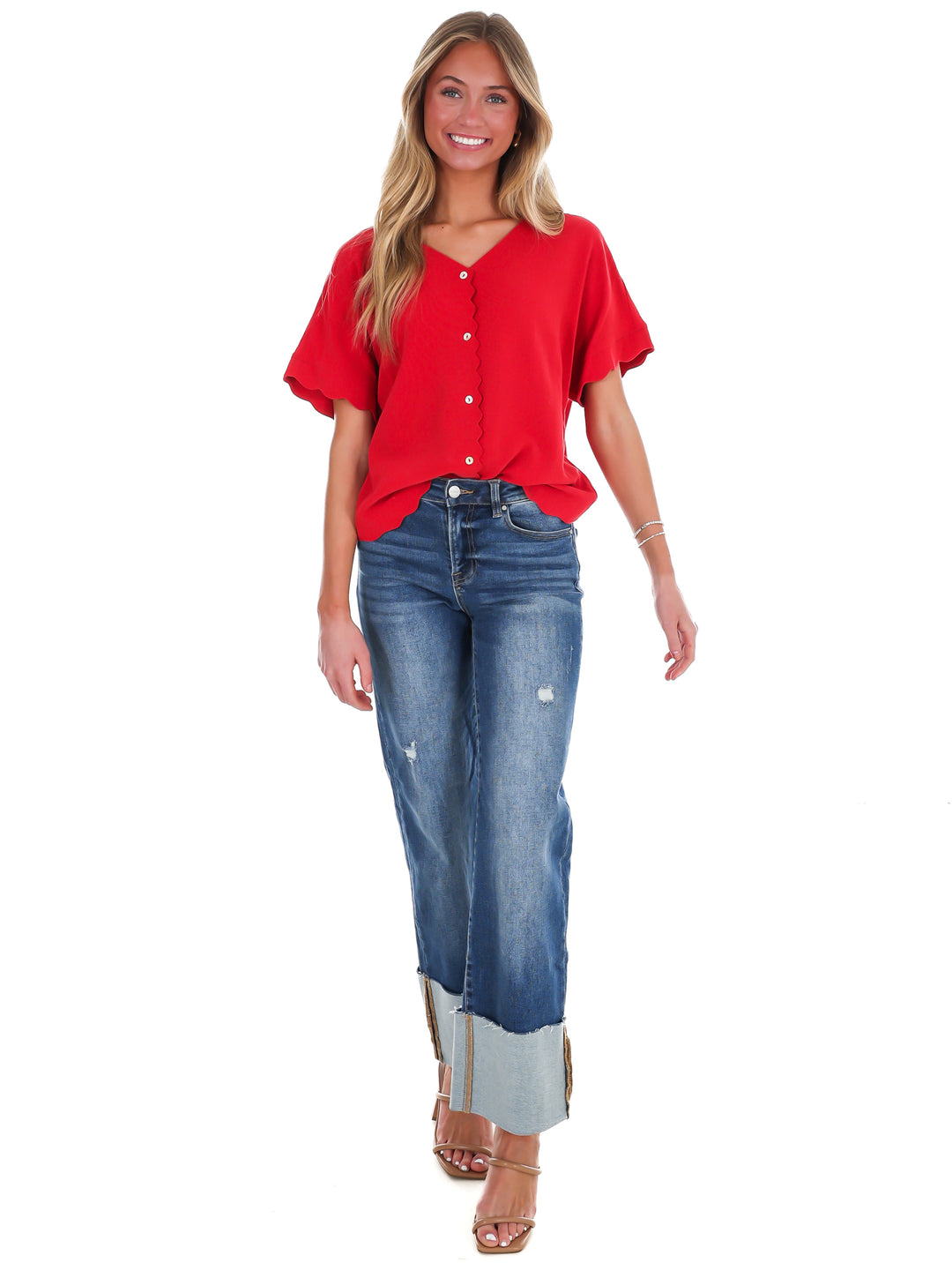 Refined Edge Linen Scallop Button Up Top