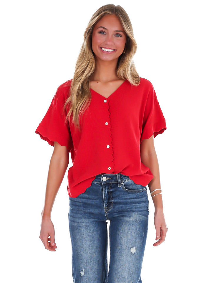 Refined Edge Linen Scallop Button Up Top
