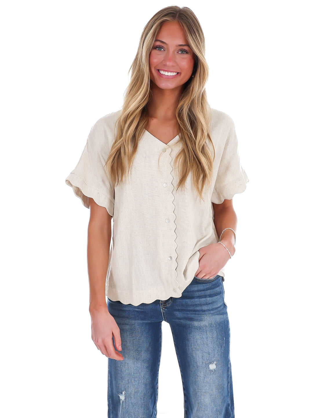 Refined Edge Linen Scallop Button Up Top