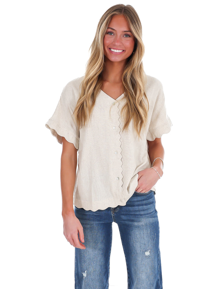 Refined Edge Linen Scallop Button Up Top