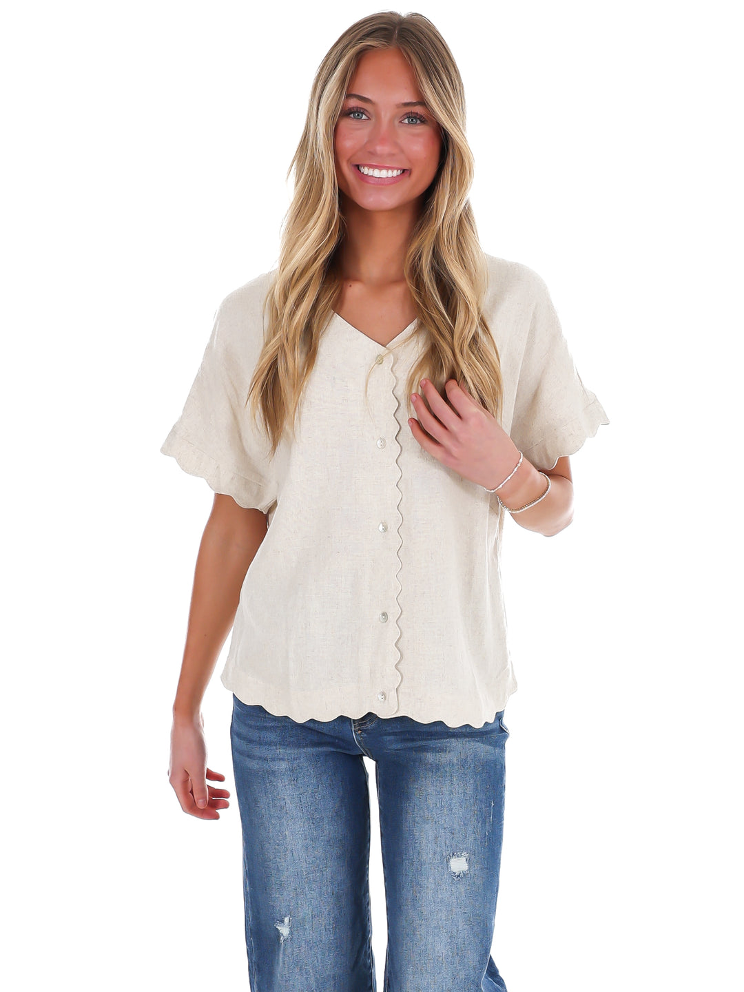 Refined Edge Linen Scallop Button Up Top