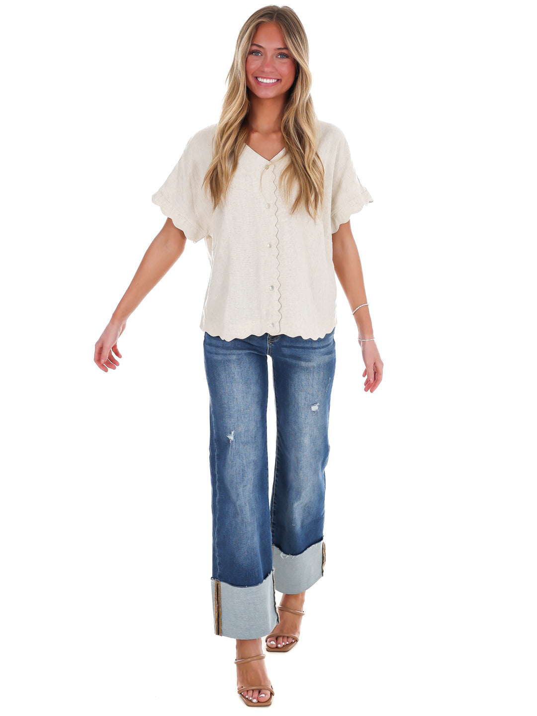 Refined Edge Linen Scallop Button Up Top