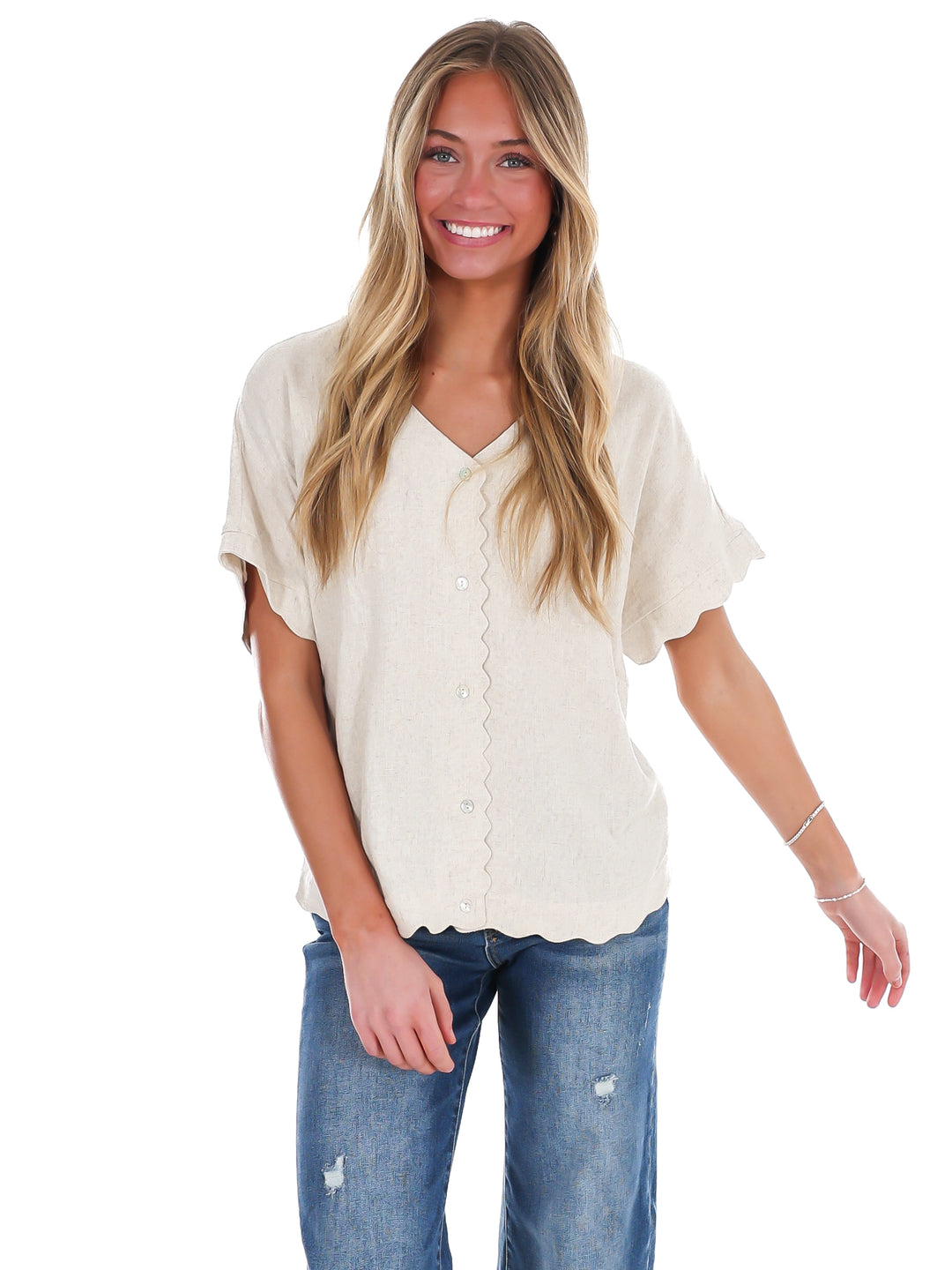 Refined Edge Linen Scallop Button Up Top