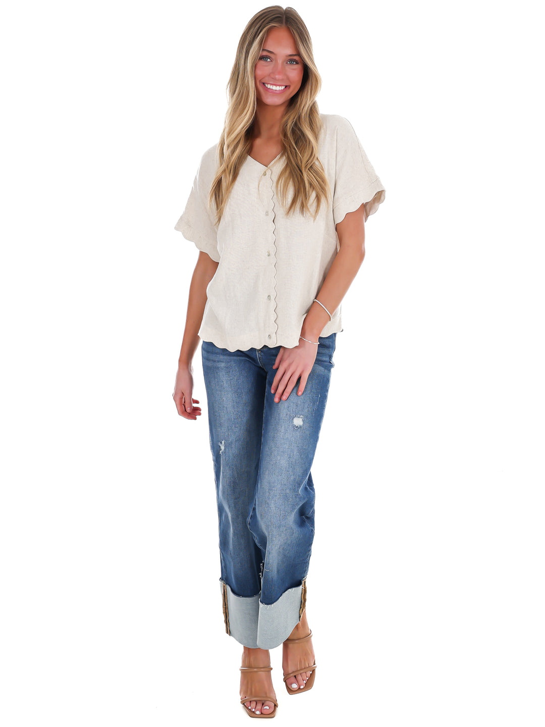 Refined Edge Linen Scallop Button Up Top
