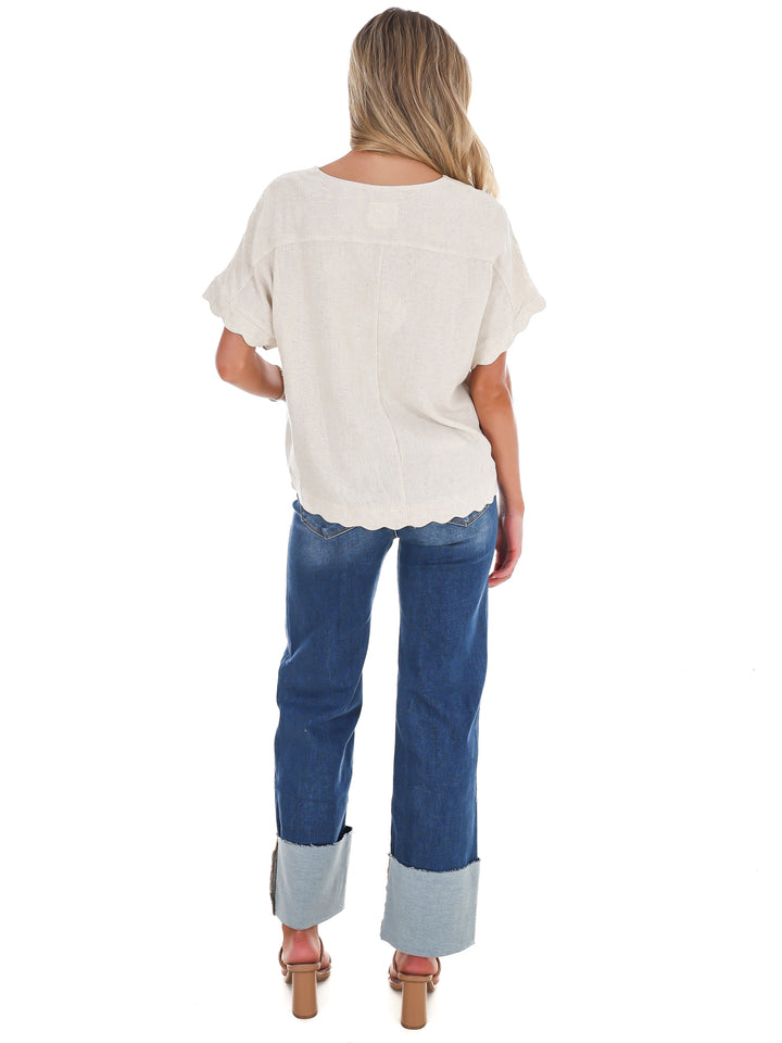 Refined Edge Linen Scallop Button Up Top