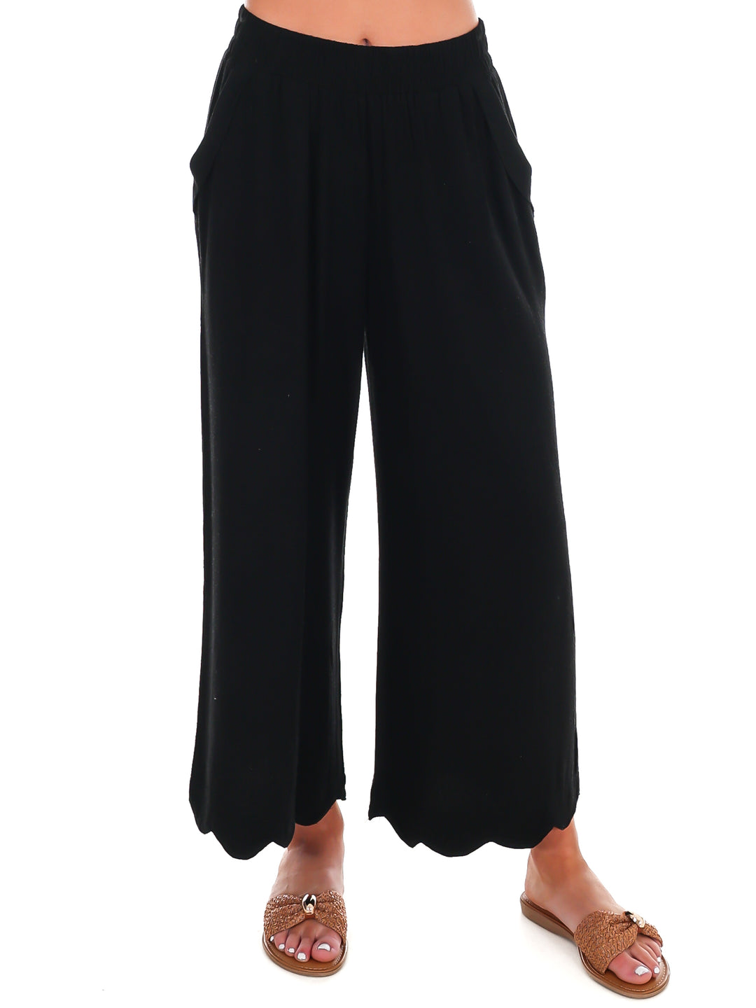 Sweet Detail Linen Scallop Wide Leg Pants