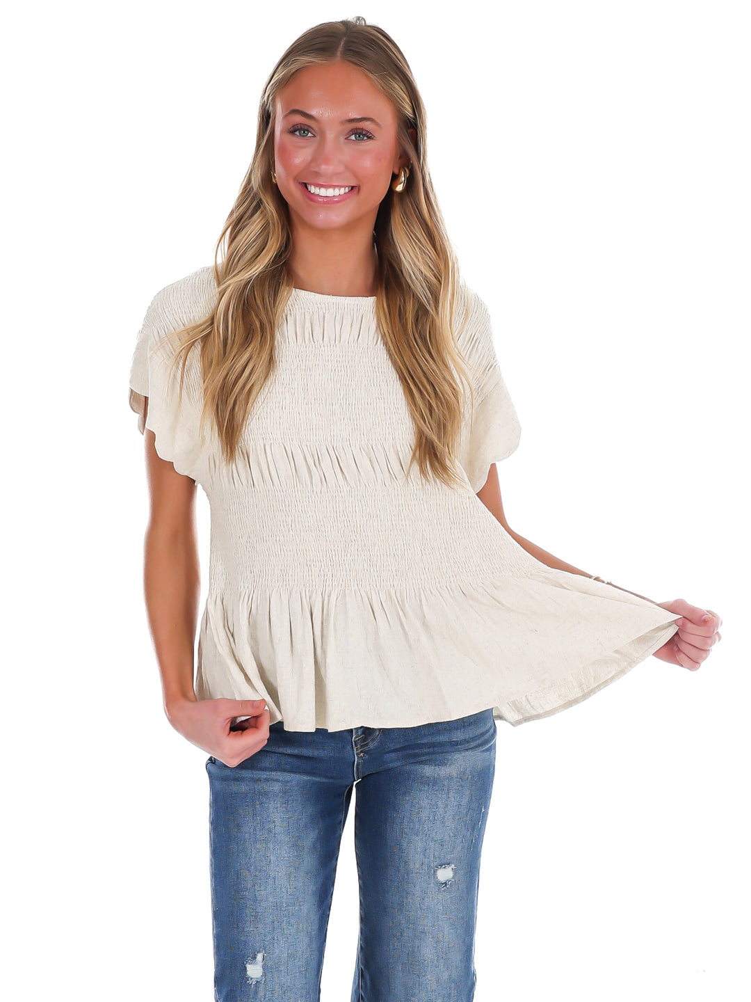 Sweet Detail Linen Peplum Top