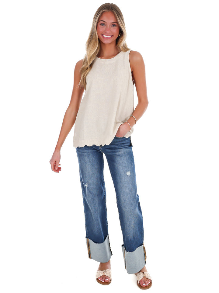 Wake Up Call Linen Scallop Tank Top